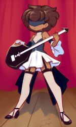 Rule 34 | 1girl, 2025, 20s, amphibia, anne boonchuy, black shirt, black shoes, blindfold, brown hair, curtains, dark skin, detached sleeves, disney, drantyno, electric guitar, garter straps, guitar, high heels, highres, holding, holding guitar, holding instrument, instrument, long sleeves, looking at viewer, shirt, shoes, short hair, skirt, sleeveless, sleeveless shirt, stage, standing, thighhighs, white skirt, white thighhighs, wide sleeves