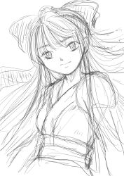 Rule 34 | 1girl, ainu clothes, breasts, expressionless, hair ribbon, highres, long hair, medium breasts, monochrome, nakoruru, ribbon, samurai spirits, sketch, snk, solo, the king of fighters