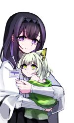 2girls absurdres aged_down arknights carrying carrying_person closed_mouth commentary_request green_eyes green_hair hamaing001 highres kal&#039;tsit_(arknights) korean_commentary long_hair long_sleeves looking_at_viewer multiple_girls priestess_(arknights) purple_eyes purple_hair short_hair simple_background white_background