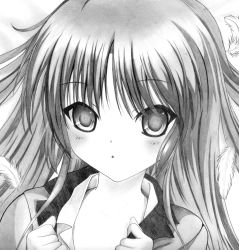 10s 1girl absurdres angel_beats! blush feathers female_focus greyscale highres long_hair monochrome rinsu solo tenshi_(angel_beats!)