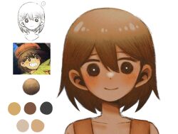 1boy blush bright_pupils brown_eyes brown_hair closed_mouth collarbone dark-skinned_female dark_skin kel_(faraway)_(omori) kel_(omori) looking_at_viewer male_focus my_loleeta omori reference_inset short_hair simple_background smile solo white_background white_pupils