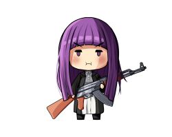 1girl absurdres ak-47 angry annoyed assault_rifle black_boots black_robe black_sleeves boots chibi dress fern_(sousou_no_frieren) gun highres holding holding_gun holding_weapon kalashnikov_rifle long_hair long_sleeves non-web_source pout purple_hair rifle robe self-upload sousou_no_frieren transparent_background weapon white_dress