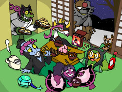 1girl 3boys 3others 4others :3 absurdres animal_ears animal_focus artist_request bird bloodmoon_ursaluna box colored_sclera dog_ears eating expressionless fang fezandipiti food gen_2_pokemon gen_8_pokemon gen_9_pokemon greedent grin happy highres holding holding_food legendary_pokemon looking_at_another multiple_boys multiple_others munkidori night night_sky nintendo no_humans ogerpon okidogi pecharunt pokemon pokemon_(creature) sharp_teeth simple_background sitting sky smile source_request standing teeth terapagos terapagos_(normal) ursaluna wings yellow_sclera