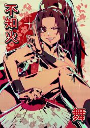 1girl bare_legs bare_shoulders blush brown_eyes brown_hair commentary datcravat fatal_fury feet_out_of_frame floral_background flower folding_fan hair_ornament hand_fan high_ponytail highres holding holding_fan kuji-in long_hair motoyui ninja one_eye_closed parted_bangs parted_lips pink_flower pink_lips ponytail rope shiranui_mai solo sparkle the_king_of_fighters twitter_username
