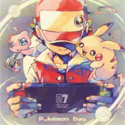 1boy ? baseball_cap blue_eyes closed_mouth colored_skin commentary_request copyright_name game_boy gen_1_pokemon handheld_game_console hat holding holding_handheld_game_console legendary_pokemon male_focus matomarukun86 mew_(pokemon) mythical_pokemon nintendo nintendo_switch open_mouth pikachu pink_skin pokemon pokemon_(creature) pokemon_rgby red_(pokemon) red_headwear shaded_face smile sparkle tail yellow_skin
