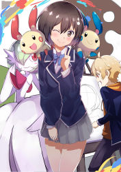 1boy 1girl absurdres blazer blush brown_eyes closed_eyes crossover drawing gardevoir gen_3_pokemon hair_between_eyes highres jacket julioalqae kono_bijutsubu_niwa_mondai_ga_aru! minun nintendo plusle pokemon pokemon_(creature) pokemon_oras school_uniform skirt smile uchimaki_subaru usami_mizuki