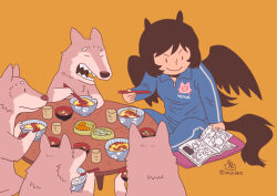1girl alternate_costume animal_ears black_wings blue_jacket blue_pants bowl chabudai_(table) chopsticks closed_mouth commentary_request cup feathered_wings full_body holding holding_chopsticks horse_ears horse_girl horse_tail jacket kurokoma_saki long_hair long_sleeves manga_(object) onikobe_rin orange_background pants simple_background sitting smile solo table tail touhou wings wolf wolf_spirit_(touhou) yunomi