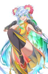 1girl absurdres bare_shoulders blue_hair blush braid breasts cleavage colored_inner_hair dress fate/grand_order fate_(series) green_eyes green_hair highres kaworu13 kukulkan_(fate) large_breasts long_hair looking_at_viewer multicolored_hair open_mouth sidelocks smile solo thighhighs thighs