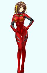 1girl bodysuit breasts brown_hair cameltoe cosplay covered_erect_nipples cyborg-institute full_body hair_ribbon hairband hands_on_own_hips head_tilt highres looking_at_viewer mecha_pilot_suit medium_breasts neon_genesis_evangelion open_mouth plugsuit_(evangelion) red_bodysuit ribbon simple_background skin_tight solo souryuu_asuka_langley souryuu_asuka_langley_(cosplay) standing suzumiya_haruhi suzumiya_haruhi_no_yuuutsu thigh_gap yellow_hairband yellow_ribbon