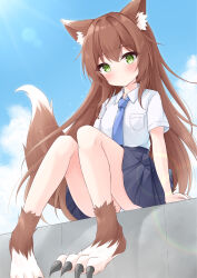 1girl animal_ears animal_feet bare_legs barefoot black_skirt blue_necktie breast_pocket breasts brown_hair closed_mouth commentary_request commission fox_ears fox_girl fox_tail green_eyes highres long_hair looking_at_viewer miniskirt mochizuki_riku necktie panties pantyshot pleated_skirt pocket shirt sitting skeb_commission skirt small_breasts solo tail underwear white_panties white_shirt