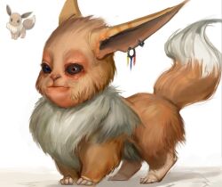 animal_focus blue_eyes closed_mouth commentary earrings eevee english_commentary full_body gavin_mackey gen_1_pokemon heterochromia jewelry looking_at_viewer nintendo no_humans official_art_inset pokemon pokemon_(creature) realistic red_eyes reference_inset