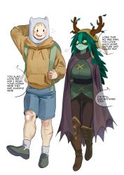 1boy 1girl absurdres adventure_time backpack bag blonde_hair blush boots breasts cape colored_skin commentary domino_mask english_commentary english_text finn_the_human flying_sweatdrops green_eyes green_hair green_skin green_tunic hair_branch highres hood hood_up hoodie horns horns_through_headwear huntress_wizard knee_boots large_breasts leaf long_hair mask nia_(nia4294) open_mouth plant_hair scar scar_on_leg shorts simple_background smile speech_bubble tunic white_background