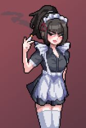 1girl aegyo_sal apron arm_behind_back arm_up baeloe black_eyes black_hair breasts cigarette frilled_sleeves frills high_ponytail highres limbus_company maid maid_apron open_mouth pixel_art ponytail project_moon ryoshu_(project_moon) sidelocks skirt smoking solo thighhighs wuthering_heights_(identity)_(project_moon)