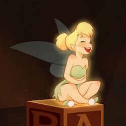 1girl bare_shoulders blonde_hair closed_eyes crossed_legs dress fairy fairy_wings green_dress hair_bun highres open_mouth pointy_ears sitting solo strapless strapless_dress tanisketch tinker_bell_(disney) walt_disney&#039;s_peter_pan wings