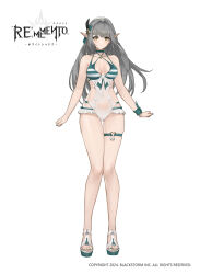 1girl absurdres bernice_(rememento) bikini bow breasts cleavage_cutout clothing_cutout copyright_name copyright_notice full_body grey_hair hair_ornament heart heart_o-ring highres logo o-ring o-ring_thigh_strap official_art orange_bow pointy_ears rememento:_white_shadow sandals solo striped_bikini striped_clothes swimsuit thigh_strap white_sandals wrist_bow