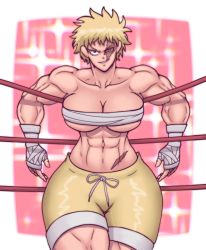 1girl abs alternate_costume bandages bare_shoulders blonde_hair boku_no_hero_academia breasts female_focus genderswap genderswap_(mtf) gym_uniform hensket highres large_breasts looking_at_viewer muscular muscular_(boku_no_hero_academia) muscular_arms muscular_female muscular_legs scar scar_across_eye scar_on_face short_hair sideburns smile solo teasing threatening