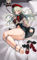 1girl absurdres arms_behind_back ascot ave_mujica_(bang_dream!) ball_gag bang_dream! bang_dream!_it&#039;s_mygo!!!!! bare_legs barefoot bdsm beret black_capelet blush bondage bound bound_toes capelet character_doll chinese_commentary chuck_(harfmoondark) collar commentary_request gag green_hair hat highres jewelry leash looking_at_viewer lying mary_janes mortis_(bang_dream!) mortis_(costume)_(bang_dream!) no_pants on_bed on_side panties puppet_strings red_hat red_shoes see-through_clothes see-through_sleeves sex_toy shoes socks solo tickling underwear unworn_shoes unworn_socks vibrator vibrator_on_soles wakaba_mutsumi wakaba_mutsumi_(doll) yellow_eyes