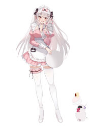 1girl 1other absurdres apron black_ribbon bow breasts frilled_thigh_strap bustier cleavage_cutout clothing_cutout detached_collar double-parted_bangs dress fang finger_to_mouth frilled_apron frilled_dress frilled_hairband frills full_body furrowed_brow hair_bow hair_ornament hair_ribbon hairband hairclip half-closed_eyes hand_up high_heels highres holding holding_plate inset jewelry juliet_sleeves large_breasts leg_cuffs lemon_denka_no_zahuo_pu long_hair long_sleeves nail_polish name_tag open_mouth original pansexual_flag pink_bow pink_dress pink_nails pink_ribbon plate pleated_dress pointy_ears puffy_sleeves red_eyes ribbon ring simple_background single_sidelock skin_fang sleeve_cuffs smile solo standing star_(symbol) star_hair_ornament sweatdrop thigh_strap thighhighs two_side_up waist_apron white_background white_footwear white_hair white_hairband white_sleeve_cuffs white_thighhighs wing_collar zettai_ryouiki