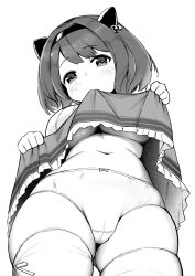 1girl a:longtimedull ass bad_tag blush bow bow_panties breasts cameltoe clothes_lift cowboy_shot draph dress dress_lift frilled_dress frills from_below gluteal_fold granblue_fantasy greyscale hair_bobbles hair_ornament headband highres horns large_breasts loli looking_at_viewer looking_down monochrome navel oppai_loli panties simple_background skindentation smile solo standing thick_thighs thighhighs thighs underboob underwear upskirt white_background yaia_(granblue_fantasy)
