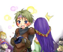 animal armor bandana blonde_hair blue_eyes blue_hair chrono_(series) chrono_cross dario dog glenn_(chrono_cross) gloves grey_hair headband kid_(chrono_cross) open_mouth poshul purple_hair riddel scar serge_(chrono_cross) suxu3bluebell