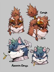 1boy animal_ears braid cartuja_(epic_seven) character_name closed_mouth commentary covered_eyes cross_scar earrings english_commentary epic_seven facial_scar furry furry_male goggles goggles_on_head goshiki grey_background head_only highres jewelry male_focus mouth_hold multiple_forms ponytail scar scar_across_eye scar_on_cheek scar_on_face smile stalk_in_mouth wolf_boy wolf_ears