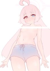 1girl absurdres ahoge blue_archive blue_eyes blush breasts censored cowboy_shot crossdressing from_below grey_shorts hair_between_eyes halo heterochromia highres hoshino_(blue_archive) ks_aya_(gztm4838) light_censor long_hair looking_at_viewer male_swimwear male_swimwear_challenge navel parted_lips pink_hair pink_halo shorts simple_background small_breasts solo topfreedom topless_female very_long_hair white_background yellow_eyes
