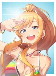 1girl :d bikini blonde_hair blue_eyes border breasts collarbone earrings flower_earrings hair_over_breasts halterneck hand_up high_ponytail idolmaster idolmaster_cinderella_girls jewelry kakaobataa large_breasts long_hair looking_at_viewer multicolored_bikini necklace ohtsuki_yui open_mouth outside_border ponytail smile solo swimsuit teeth upper_teeth_only white_border
