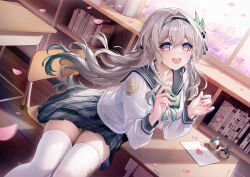 Rule 34 | 1girl, black hairband, blue pupils, book, bookshelf, bow, bowtie, chair, classroom, commentary request, day, desk, elbow rest, falling petals, feet out of frame, firefly (birefly) (honkai: star rail), firefly (honkai: star rail), firefly (spring missive) (honkai: star rail), floating hair, gradient hair, green bow, green bowtie, grey hair, grey sailor collar, grey skirt, hair between eyes, hair ornament, hairband, hands up, happy, highres, holding, holding pencil, honkai: star rail, honkai (series), indoors, letter, long hair, long sleeves, looking at viewer, love letter, mechanical pencil, multicolored eyes, multicolored hair, official alternate costume, on chair, open mouth, origami bird (honkai: star rail), pencil, petals, pink petals, plaid bow, plaid bowtie, plaid clothes, plaid skirt, sailor collar, school chair, school desk, school uniform, serafuku, shirt, signature, sitting, skirt, solo, stardust (chen&#039;ai weiding), teeth, thighhighs, trailblazer (honkai: star rail), trailblazer (trailbirder) (honkai: star rail), two-tone eyes, upper teeth only, white shirt, white thighhighs, window, wooden floor, zettai ryouiki