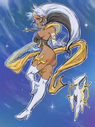 1girl annie_lyce arceus armpit_crease ass black_hair black_leotard blue_background boots breasts creatures_(company) dark-skinned_female dark_skin earrings elbow_gloves full_body game_freak gen_4_pokemon gloves green_eyes grey_hair high_heels highres jewelry legendary_pokemon leotard long_hair looking_at_viewer medium_breasts multicolored_hair mythical_pokemon necklace night night_sky nintendo original outline personification pokemon pokemon_(creature) pokemon_legends:_arceus sky star_(sky) thigh_boots thighhighs thighlet white_gloves white_outline white_thighhighs