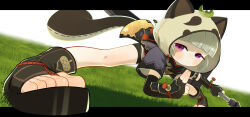 1girl absurdres animal_ears black_boots black_gloves black_shorts blunt_bangs boots daku_k dutch_angle elbow_gloves fake_animal_ears fake_tail feet fingerless_gloves foot_focus footwear_focus full_body genshin_impact gloves grass grey_hair haori highres holding holding_weapon japanese_clothes leaf leaf_on_head leaning_forward legs_apart letterboxed looking_at_viewer open-toe_boots outside_border purple_eyes raccoon_ears raccoon_hood raccoon_tail sayu_(genshin_impact) short_hair short_sleeves shorts solo tail weapon white_background