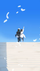 Rule 34 | 1boy, 1girl, absurdres, arknights, arm up, blue sky, doctor (arknights), feathers, hakase (synthesizer v), highres, priestess (arknights), rpglauncher1157886717, sky, stage