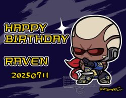 Rule 34 | 1boy, arm tattoo, black gloves, blonde hair, chibi, chibi only, closed mouth, dark-skinned male, dark skin, dated, fighting stance, gloves, happy birthday, holding, holding knife, knife, kotorai, male focus, purple background, raven (tekken), short hair, signature, solo, sunglasses, tattoo, tekken, tekken 8, very short hair, watermark