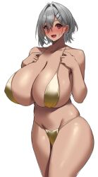1girl bikini blush breasts brown_girl_(yamanokami_eaka) cleavage collarbone cowboy_shot dark-skinned_female dark_skin gold_bikini grey_hair hair_between_eyes hair_ornament hairclip hands_up highres huge_breasts looking_at_viewer open_mouth original red_eyes short_hair simple_background solo sweatdrop swimsuit thighs white_background yamanokami_eaka