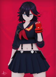 1girl 3d absurdres black_hair black_sailor_collar black_shirt black_skirt blender_(medium) clenched_teeth closed_mouth cowboy_shot cropped_shirt dated fingerless_gloves gloves hair_between_eyes hand_up highres kill_la_kill kleymir legs_apart looking_at_viewer matoi_ryuuko multicolored_hair navel neckerchief pleated_skirt red_gloves red_hair red_neckerchief sailor_collar sanpaku shirt short_hair signature single_glove skirt solo streaked_hair suspenders teeth two-tone_hair v-shaped_eyebrows zoom_layer