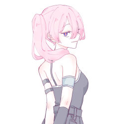 1girl alternate_eye_color alternate_hair_color arms_behind_back bare_shoulders black_dress black_gloves blue_eyes breasts closed_mouth dress from_behind gloves hair_between_eyes highres looking_at_viewer looking_back pink_hair seila_rei side_ponytail simple_background single_glove small_breasts smile solo sousou_no_frieren ubel_(sousou_no_frieren) white_background