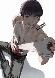 Rule 34 | 1boy, bandaged torso, bandages, blood, blood on face, blood on hands, blood on stomach, fangs, highres, hoshina soshiro, kaijuu no. 8, kubbbbbbbbby, male focus, red eyes, simple background, solo, teeth, topless male, unusually open eyes, white background