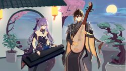 1boy 1girl absurdres bare_shoulders black_dress black_pantyhose bonsai bow bow_choker breasts brown_hair changpao chinese_clothes choker cloud cone_hair_bun double_bun dress genshin_impact guqin hair_between_eyes hair_bun hair_ears hair_ornament highres hongshaoniuroumian63064 instrument keqing_(genshin_impact) keqing_(opulent_splendor)_(genshin_impact) long_hair long_sleeves mandarin_collar medium_breasts moon multicolored_dress music night official_alternate_costume outdoors pantyhose pearl_hair_ornament pipa_(instrument) playing_instrument purple_eyes purple_hair sitting sky strapless strapless_dress tree twintails zhongli_(genshin_impact) zhongli_(lantern_rite)_(genshin_impact)