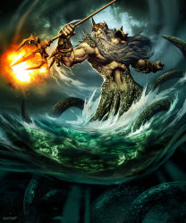 &gt;:( 1boy angry beard bracelet clenched_hand cloud coral crown epic facial_hair genzoman giant glowing gold greek_mythology image_sample jewelry magic male_focus manly muscular mythology navel ocean original polearm poseidon seaweed signature sky solo spear splashing squid storm teeth tentacles trident underwater wading water water_drop waves weapon wet
