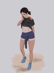 Rule 34 | 1futa, black hair, covered testicles, futanari, halui 2, highres, large penis, penis, ponytail, shirt, shoes, shorts, sock on penis, socks, sports bra, tan, tanline, testicles