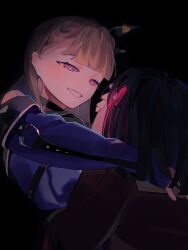 2girls absurdres ampere_(love_live!) bare_shoulders black_background black_choker black_hair blue_coat blunt_bangs blunt_ends bob_cut bow_hairband braid brown_dress brown_hair center-flap_bangs choker coat commentary_request dark dark_background dress flower flower_knot grin hair_flower hair_ornament hairband half-closed_eyes hasu_no_sora_school_uniform highres kachimachi_kosuzu link!_like!_love_live! long_hair long_sleeves looking_at_another love_live! momose_ginko multiple_girls off-shoulder_coat off_shoulder official_alternate_costume pink_eyes pipi_(m1x_mix) sailor_collar school_uniform shirt short_hair side_braids simple_background sleeveless sleeveless_shirt sleeves_past_wrists smile upper_body virtual_youtuber white_flower white_sailor_collar winter_uniform yuri