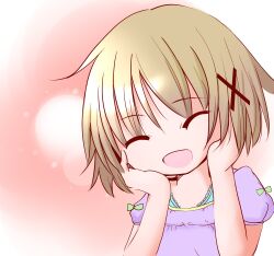 1girl blue_camisole brown_hair camisole dress hair_ornament hands_on_own_face hidamari_sketch highres non-web_source open_mouth purple_dress short_hair source_request x_hair_ornament yuno_(hidamari_sketch)