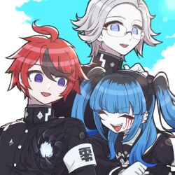 Rule 34 | 1girl, 2boys, ahoge, amemiya darumi, aotsuki eito, armband, black bow, black hair, black streaks, blue background, blue eyes, blue hair, bow, buttons, chiyo408, closed eyes, ear piercing, elbowing, eyeliner, face piercing, gakuran, glasses, gloves, grey hair, hair bow, hole in chest, hole on body, last defense academy school uniform, long hair, looking at another, makeup, multicolored hair, multiple boys, open mouth, piercing, purple eyes, red eyeliner, red hair, roots (hair), runny makeup, school uniform, serafuku, short hair, simple background, smile, streaked hair, sumino takumi, teeth, the hundred line -last defense academy-, twintails, two-tone background, upper teeth only, white armband, white background, white gloves
