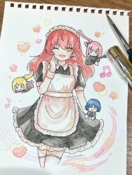 4girls :3 ahoge apron arm_at_side black_dress black_shirt blonde_hair blue_hair bocchi_the_rock! chibi closed_mouth collared_dress commentary cube_hair_ornament dot_nose dress floating_hair frilled_apron frills gotoh_hitori guitar hair_ornament hand_up heart holding holding_guitar holding_instrument ijichi_nijika index_finger_raised instrument kita_ikuyo long_hair long_sleeves maid maid_apron maid_headdress medium_dress minapon_37 multiple_girls musical_note o_o one_eye_closed open_mouth orange_eyes painting_(medium) photo_(medium) pink_hair pink_skirt ponytail_with_braided_base red_hair shirt short_hair short_sleeves sitting skirt smile star_(symbol) straight-on thighhighs traditional_media watercolor_(medium) white_apron white_thighhighs white_wrist_cuffs wing_collar wrist_cuffs yamada_ryo zettai_ryouiki