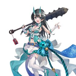 Rule 34 | :d, black hair, blue horns, breasts, cat mask, cleavage, club, club (weapon), detached collar, elbow gloves, fingerless gloves, flower, gloves, hair flower, hair ornament, holding, holding club, holding weapon, horns, kanabou, long hair, mask, medium breasts, midriff, miniskirt, navel, official art, open mouth, over shoulder, ragnador, saten ruiko, skin-covered horns, skirt, smile, spiked club, thighhighs, toaru kagaku no railgun, toaru majutsu no index, weapon, weapon over shoulder, white background, white gloves, white skirt, white thighhighs
