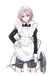 1boy apron black_shirt cowboy_shot ensemble_stars! grey_shorts hand_on_own_hip highres holding holding_mop long_sleeves maid maid_apron maid_headdress male_focus mop oukawa_kohaku pink_hair purple_eyes shirt shisokonbu short_hair shorts simple_background sketch solo white_background
