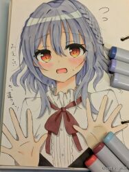 Rule 34 | 1boy, art tools in frame, asuka minato, blue hair, blush, bow, bowtie, braid, center frills, commentary, embarrassed, erika akai, eyes visible through hair, flying sweatdrops, frilled shirt, frills, hair between eyes, hair intakes, highres, looking at viewer, male focus, medium hair, open mouth, otome domain, outstretched hand, photo (medium), red bow, red bowtie, red eyes, school uniform, shirt, side braid, simple background, single braid, solo, sweatdrop, traditional media, translation request, trap, twitter username, upper body, white background, white shirt