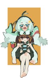 2girls ahoge alternate_costume barefoot black_jacket blade blue_eyes border braid breast_rest breasts breasts_on_head bright_pupils brown_eyes brown_hair can chinese_commentary commentary controller cross_tie drop_shadow game_controller hair_ornament headgear high_collar highres holding holding_controller holding_game_controller jacket jitome kizuna_akari lap_pillow large_breasts leg_warmers litamisu long_hair long_sleeves looking_at_viewer multiple_girls open_mouth orange_background outside_border popped_collar smile stuffed_animal stuffed_shark stuffed_toy sweater touhoku_kiritan triangle_mouth twin_braids very_long_hair vocaloid voiceroid white_border white_hair white_pupils white_sweater