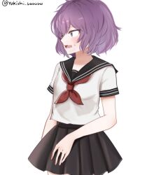 1girl alternate_costume bernadetta_von_varley black_sailor_collar black_skirt blush commentary_request contemporary fire_emblem fire_emblem:_three_houses grey_eyes highres neckerchief nintendo open_mouth pleated_skirt profile purple_hair red_neckerchief sailor_collar school_uniform serafuku shirt short_hair short_sleeves simple_background skirt solo sweatdrop twitter_username white_background white_shirt yukichi_(yukichi_rururu)