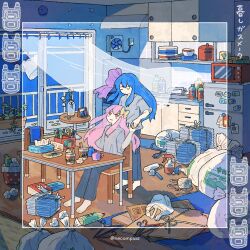 2girls alternate_costume apartment barefoot behind_another blue_hair border butterfly_hair_ornament cardboard closed_eyes commentary_request curtains day denim floating_curtains grey_shirt hair_ornament hair_ribbon highres holding_hands indoors jeans kotonoha_akane kotonoha_aoi kurashi_gas_meter_(voiceroid) long_hair looking_at_another looking_up messy_room multiple_girls necompass newspaper_stack on_chair pants pink_hair pink_ribbon red_eyes refrigerator ribbon see-through_body see-through_curtains shirt short_sleeves sitting song_name standing t-shirt table transparent_border trash trash_bag twitter_username voiceroid wide_shot