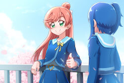 2girls against_railing belt blue_belt blue_hair blue_jacket blue_sailor_collar blue_skirt blue_sky buckle buttons cherry_blossoms closed_mouth cloud cloudy_sky commentary day green_eyes hair_bun hair_ribbon heart heart-shaped_buckle heart_button hirogaru_sky!_precure jacket long_hair long_sleeves looking_at_viewer medium_hair multiple_girls nijigaoka_mashiro outdoors pink_hair pleated_skirt precure railing ribbon rin_takanashi_glacies sailor_collar school_uniform shirt side_ponytail single_hair_bun single_sidelock skirt sky smile sora_harewataru sorashido_academy_school_uniform sparkle standing thumbs_up white_ribbon white_shirt